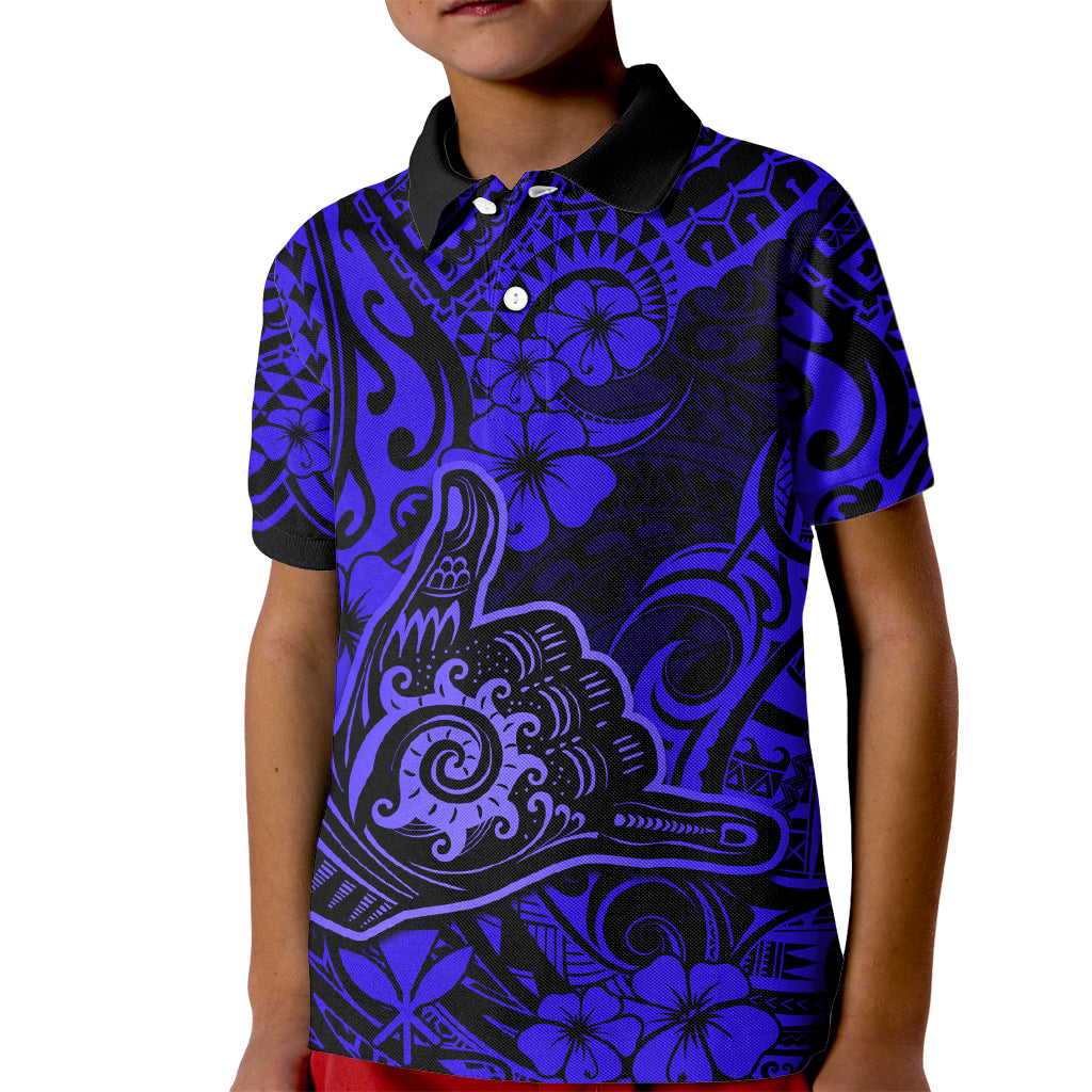 Hawaii Shaka Sign Kid Polo Shirt With Polynesian Hibiscus Navy Blue Unique LT01 Kid Blue - Polynesian Pride