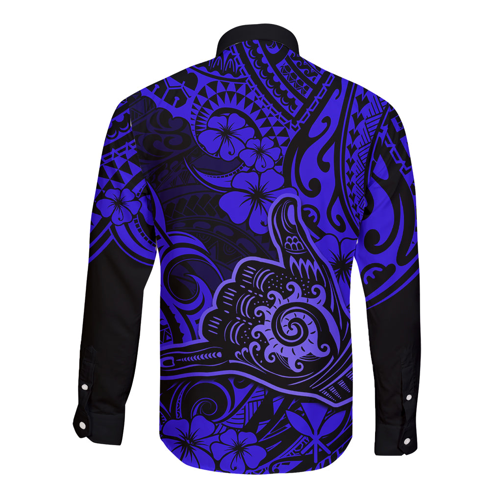 Hawaii Shaka Sign Long Sleeve Button Shirt With Polynesian Hibiscus Navy Blue Unique LT01 - Polynesian Pride