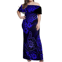 Hawaii Shaka Sign Off Shoulder Maxi Dress With Polynesian Hibiscus Navy Blue Unique LT01 Women Blue - Polynesian Pride
