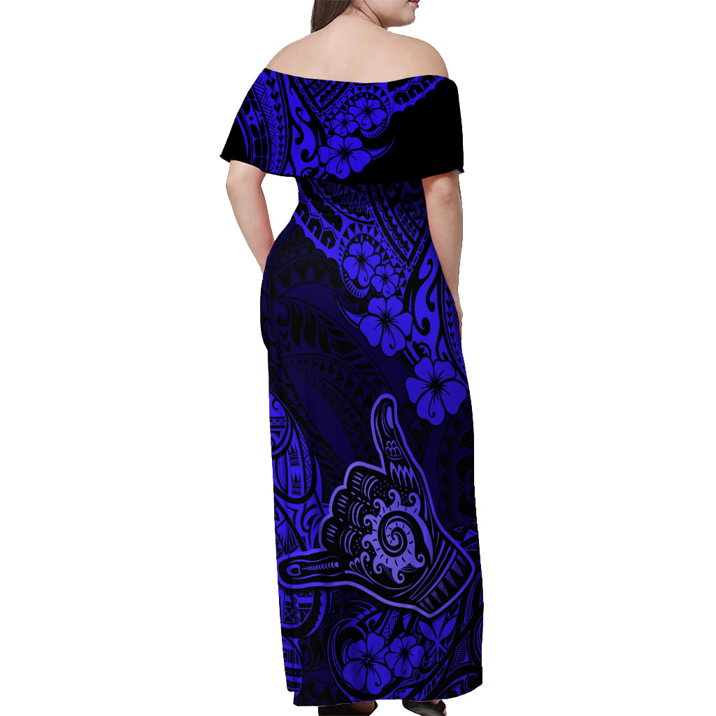 Hawaii Shaka Sign Off Shoulder Maxi Dress With Polynesian Hibiscus Navy Blue Unique LT01 - Polynesian Pride