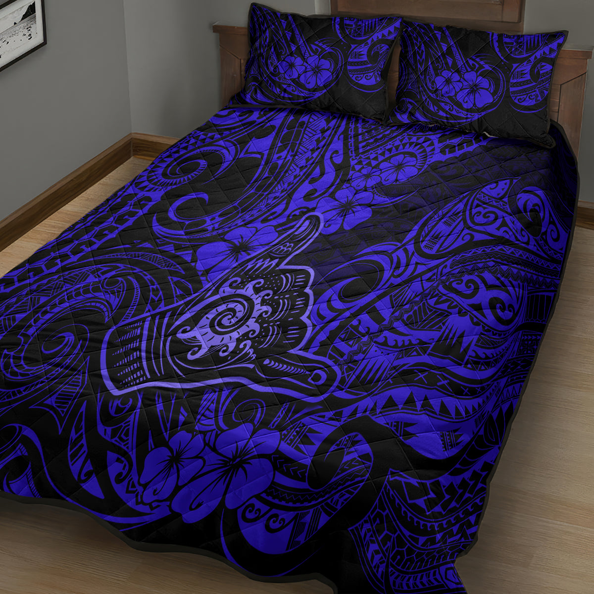 Hawaii Shaka Sign Quilt Bed Set With Polynesian Hibiscus Navy Blue Unique LT01 - Polynesian Pride