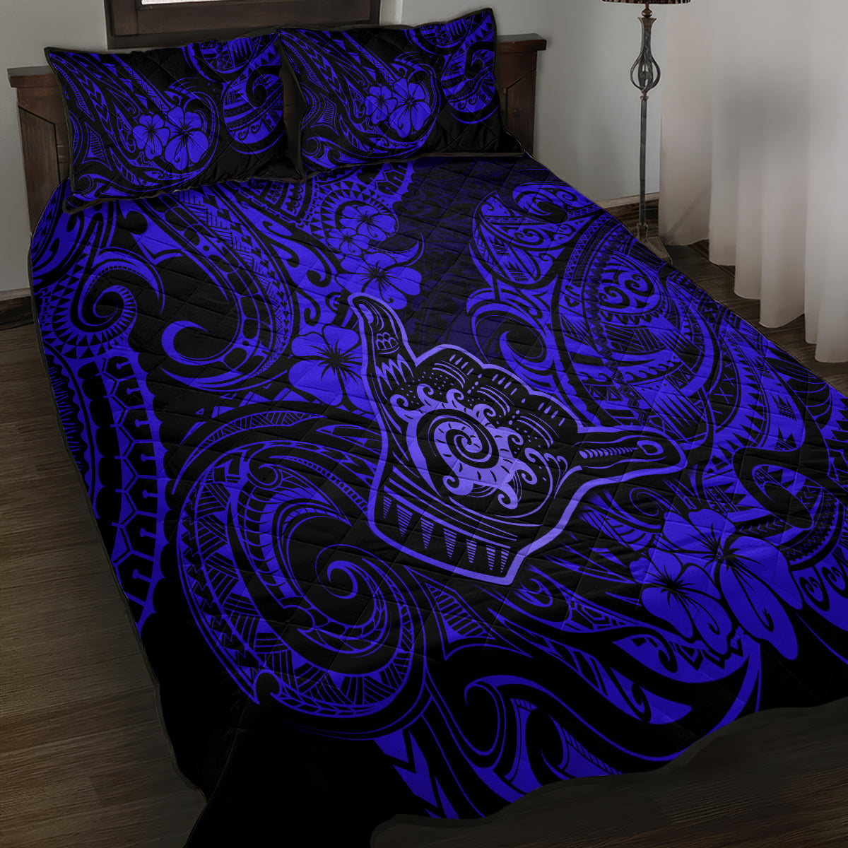 Hawaii Shaka Sign Quilt Bed Set With Polynesian Hibiscus Navy Blue Unique LT01 - Polynesian Pride