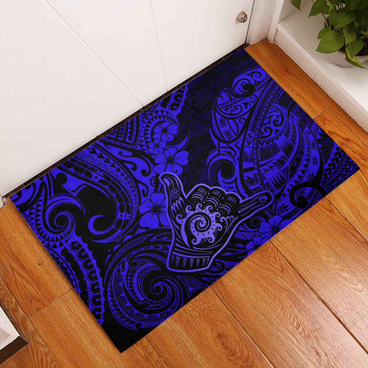 Hawaii Shaka Sign Rubber Doormat With Polynesian Hibiscus Navy Blue Unique LT01 Blue - Polynesian Pride