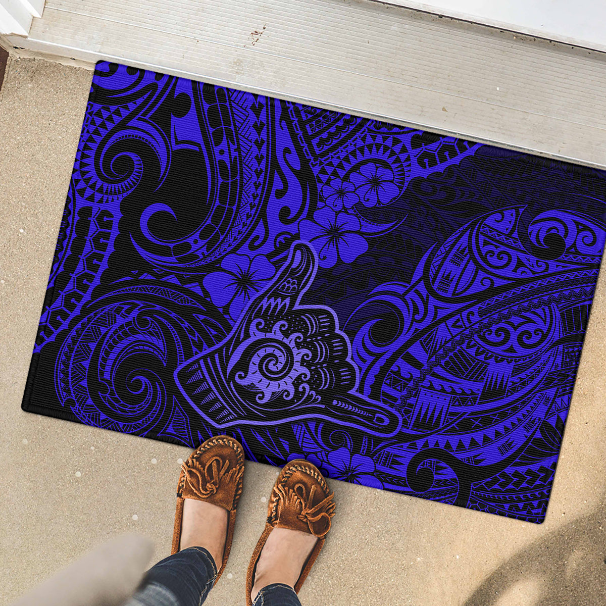 Hawaii Shaka Sign Rubber Doormat With Polynesian Hibiscus Navy Blue Unique LT01 - Polynesian Pride