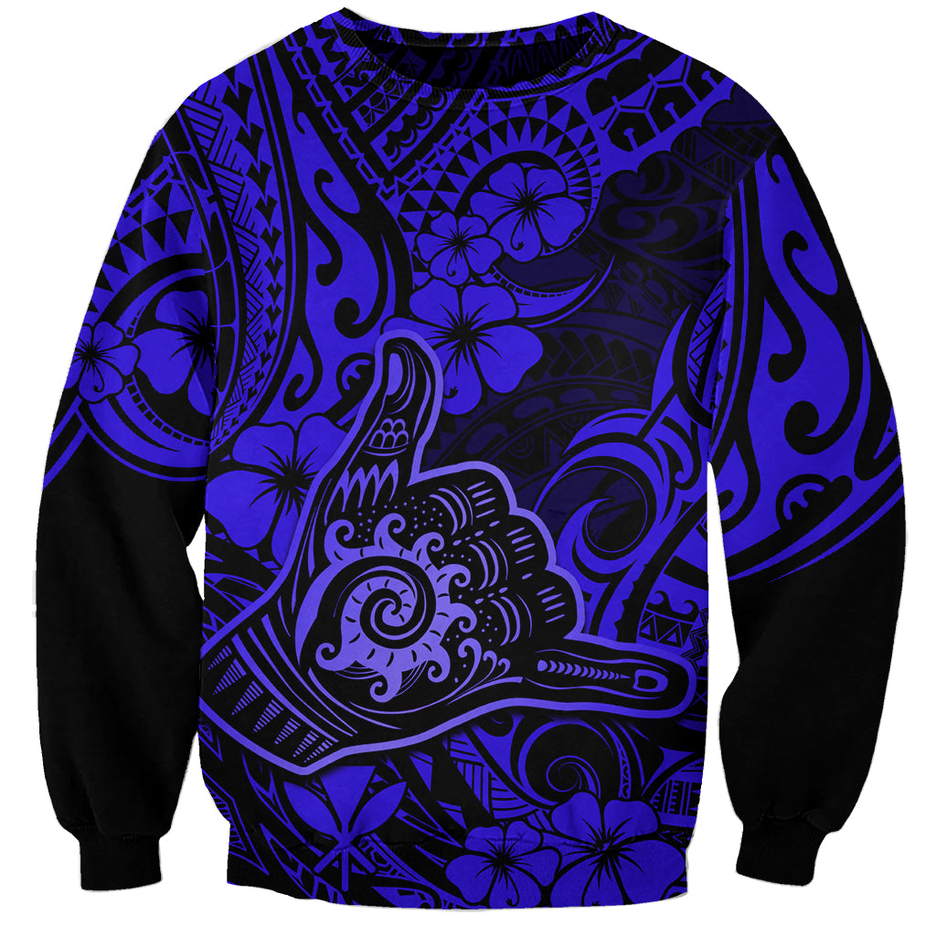 Hawaii Shaka Sign Sweatshirt With Polynesian Hibiscus Navy Blue Unique LT01 Unisex Blue - Polynesian Pride