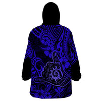 Hawaii Shaka Sign Wearable Blanket Hoodie With Polynesian Hibiscus Navy Blue Unique LT01 - Polynesian Pride