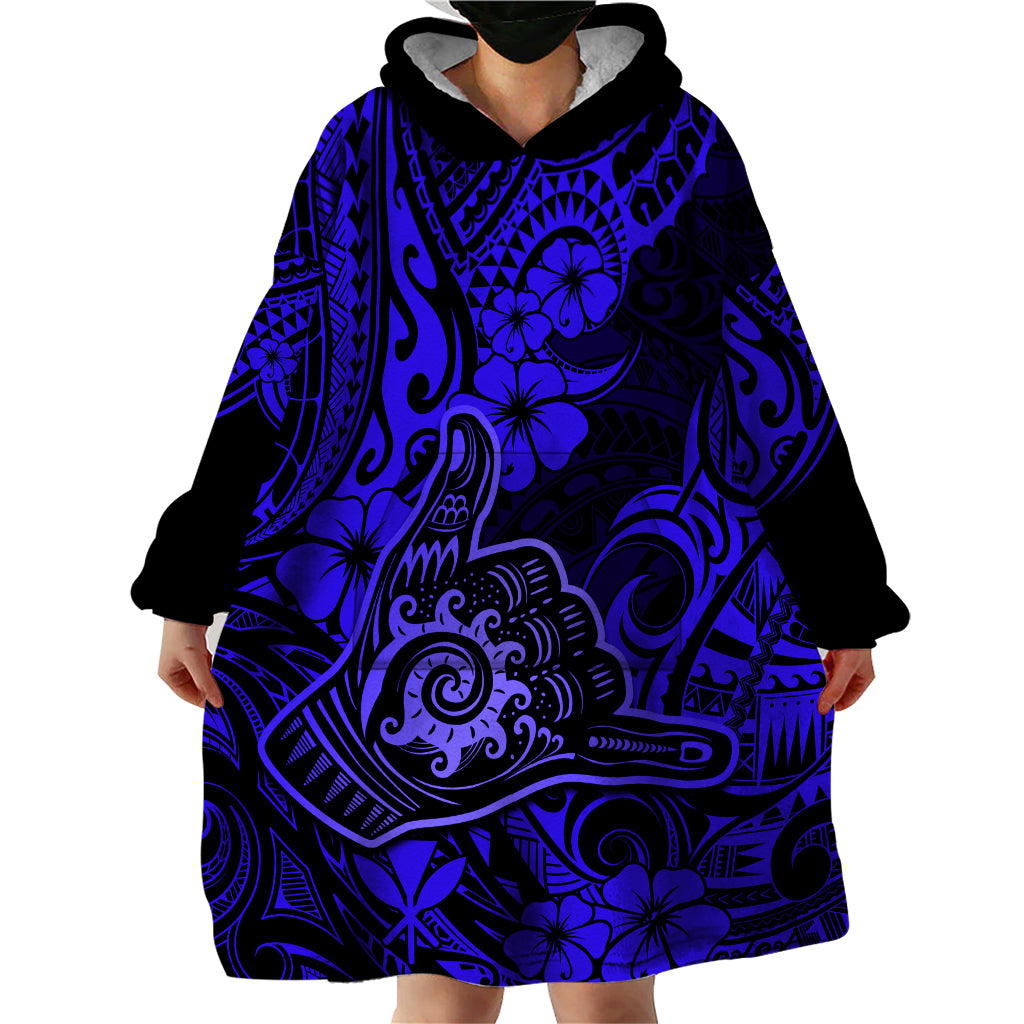 Hawaii Shaka Sign Wearable Blanket Hoodie With Polynesian Hibiscus Navy Blue Unique LT01 - Polynesian Pride