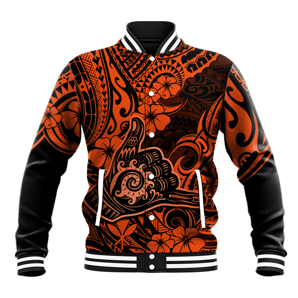 Hawaii Shaka Sign Baseball Jacket With Polynesian Hibiscus Orange Unique LT01 Unisex Orange - Polynesian Pride