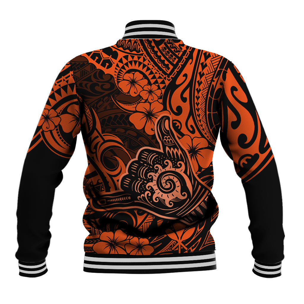 Hawaii Shaka Sign Baseball Jacket With Polynesian Hibiscus Orange Unique LT01 - Polynesian Pride