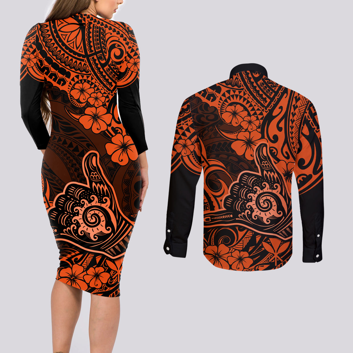 Hawaii Shaka Sign Couples Matching Long Sleeve Bodycon Dress and Long Sleeve Button Shirts With Polynesian Hibiscus Orange Unique LT01 - Polynesian Pride