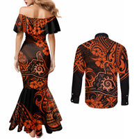 Hawaii Shaka Sign Couples Matching Mermaid Dress and Long Sleeve Button Shirts With Polynesian Hibiscus Orange Unique LT01 - Polynesian Pride
