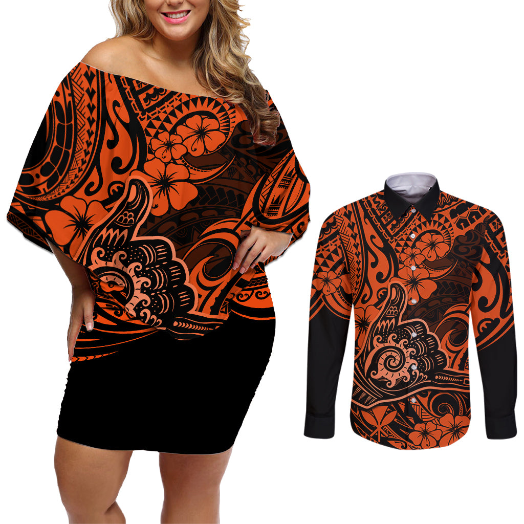 Hawaii Shaka Sign Couples Matching Off Shoulder Short Dress and Long Sleeve Button Shirts With Polynesian Hibiscus Orange Unique LT01 Orange - Polynesian Pride