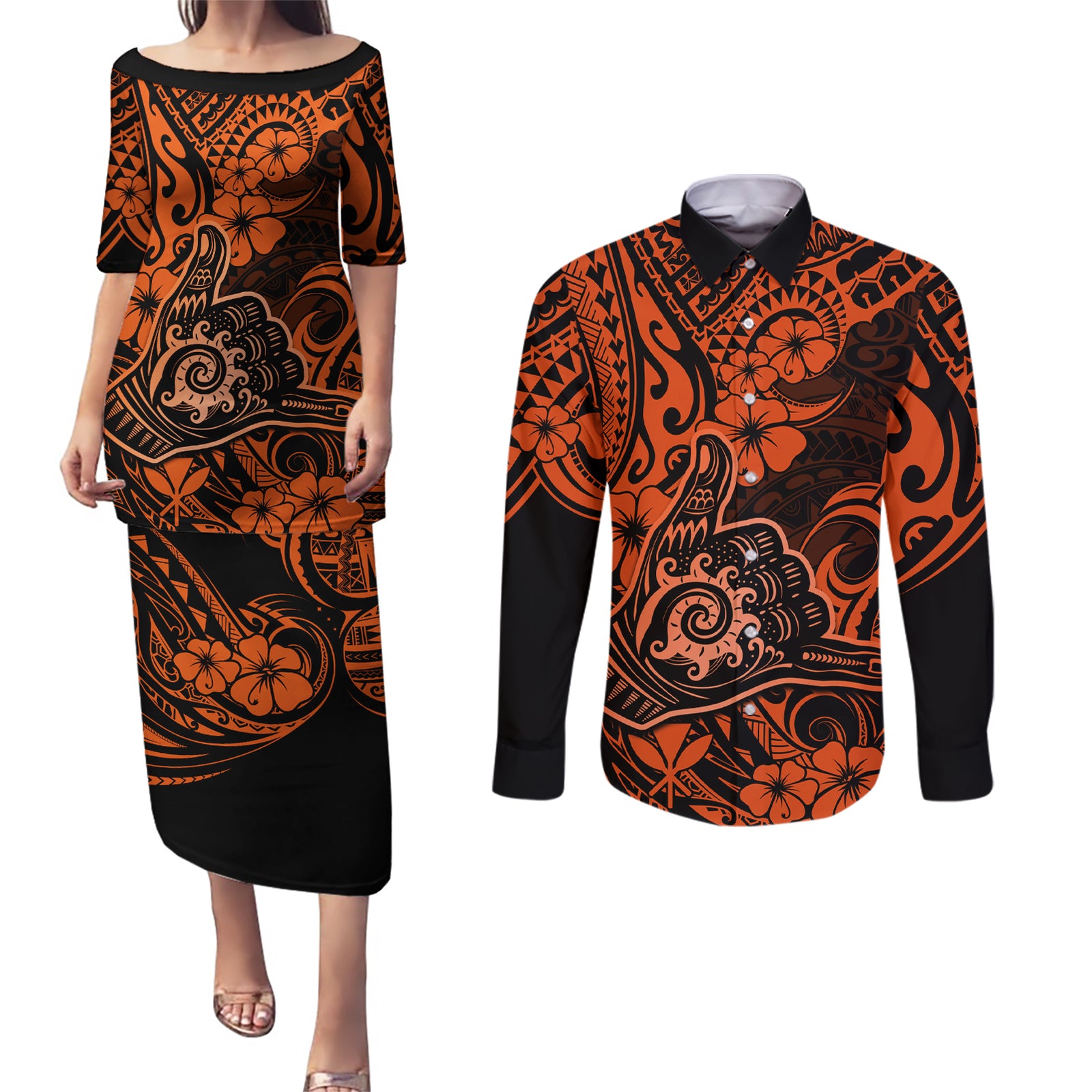 Hawaii Shaka Sign Couples Matching Puletasi Dress and Long Sleeve Button Shirts With Polynesian Hibiscus Orange Unique LT01 Orange - Polynesian Pride