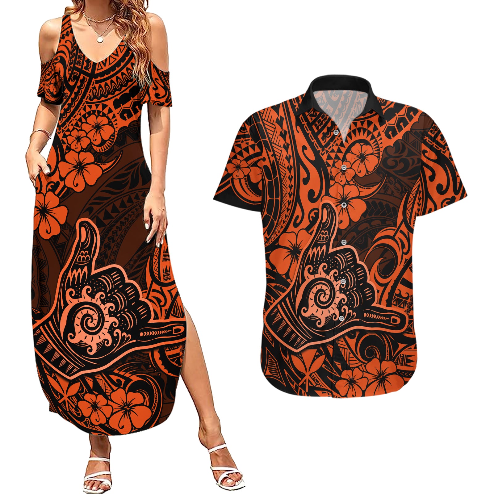 Hawaii Shaka Sign Couples Matching Summer Maxi Dress and Hawaiian Shirt With Polynesian Hibiscus Orange Unique LT01 Orange - Polynesian Pride