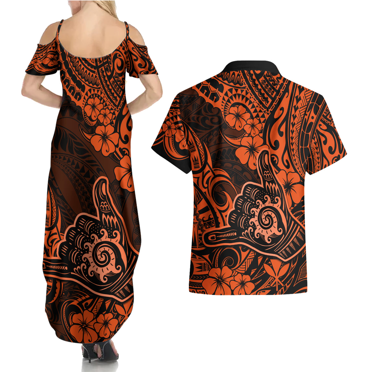 Hawaii Shaka Sign Couples Matching Summer Maxi Dress and Hawaiian Shirt With Polynesian Hibiscus Orange Unique LT01 - Polynesian Pride