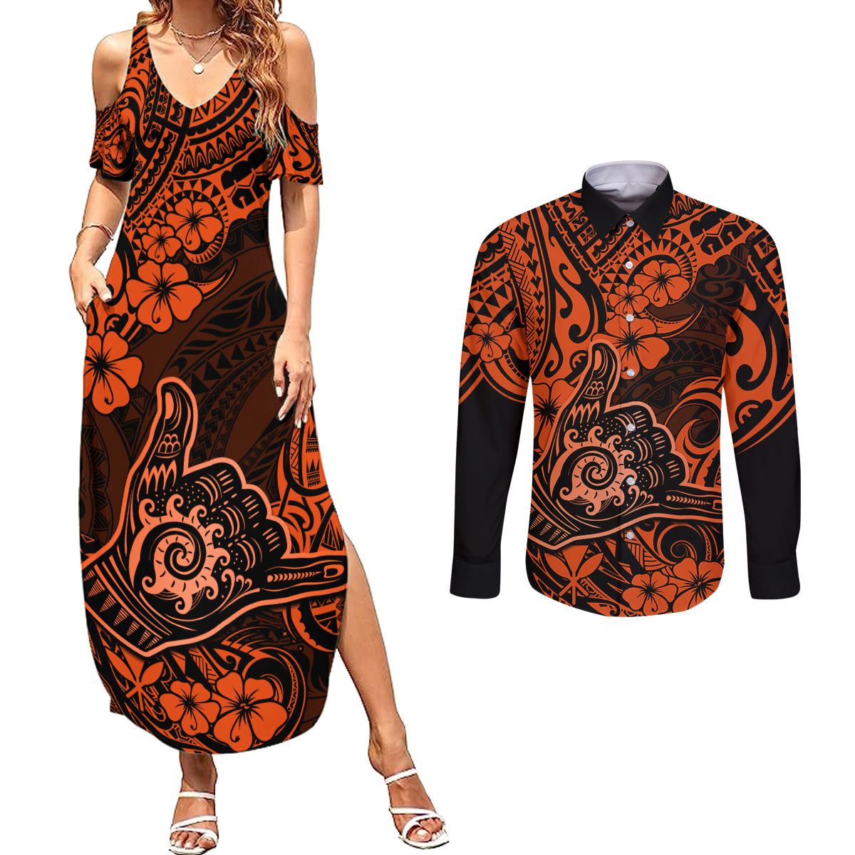 Hawaii Shaka Sign Couples Matching Summer Maxi Dress and Long Sleeve Button Shirts With Polynesian Hibiscus Orange Unique LT01 Orange - Polynesian Pride