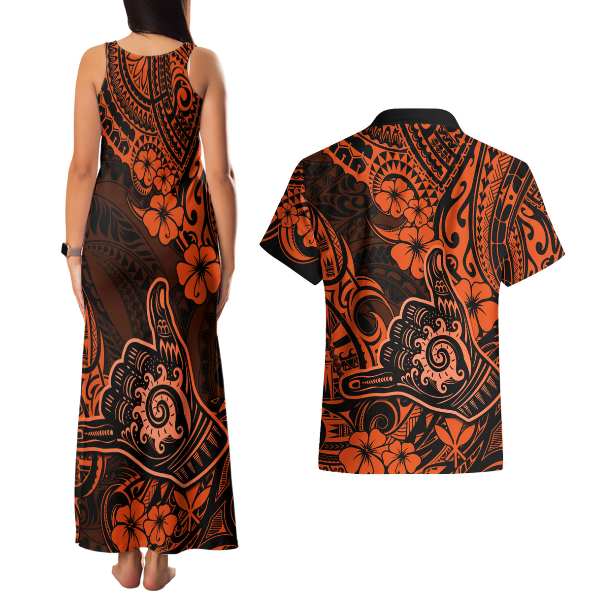 Hawaii Shaka Sign Couples Matching Tank Maxi Dress and Hawaiian Shirt With Polynesian Hibiscus Orange Unique LT01 - Polynesian Pride