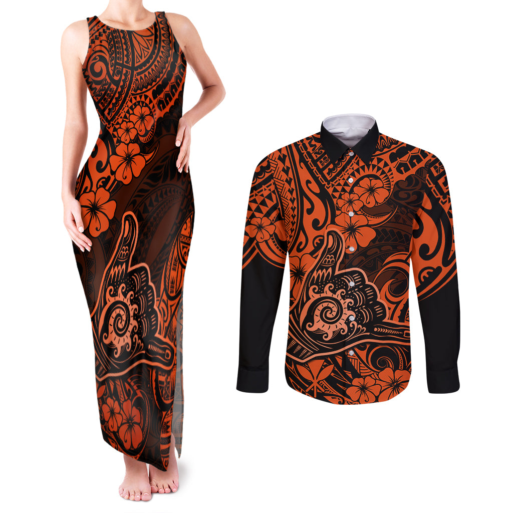 Hawaii Shaka Sign Couples Matching Tank Maxi Dress and Long Sleeve Button Shirts With Polynesian Hibiscus Orange Unique LT01 Orange - Polynesian Pride
