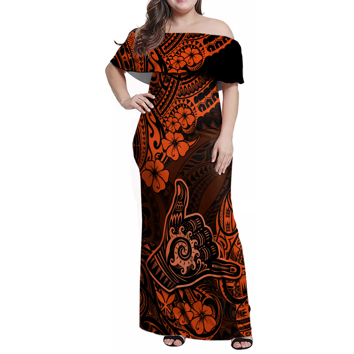 Hawaii Shaka Sign Family Matching Off Shoulder Maxi Dress and Hawaiian Shirt With Polynesian Hibiscus Orange Unique LT01 Mom's Dress Orange - Polynesian Pride