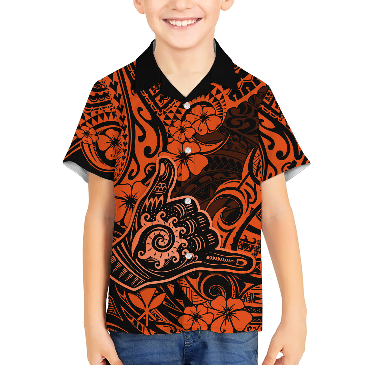 Hawaii Shaka Sign Family Matching Short Sleeve Bodycon Dress and Hawaiian Shirt With Polynesian Hibiscus Orange Unique LT01 Son's Shirt Orange - Polynesian Pride