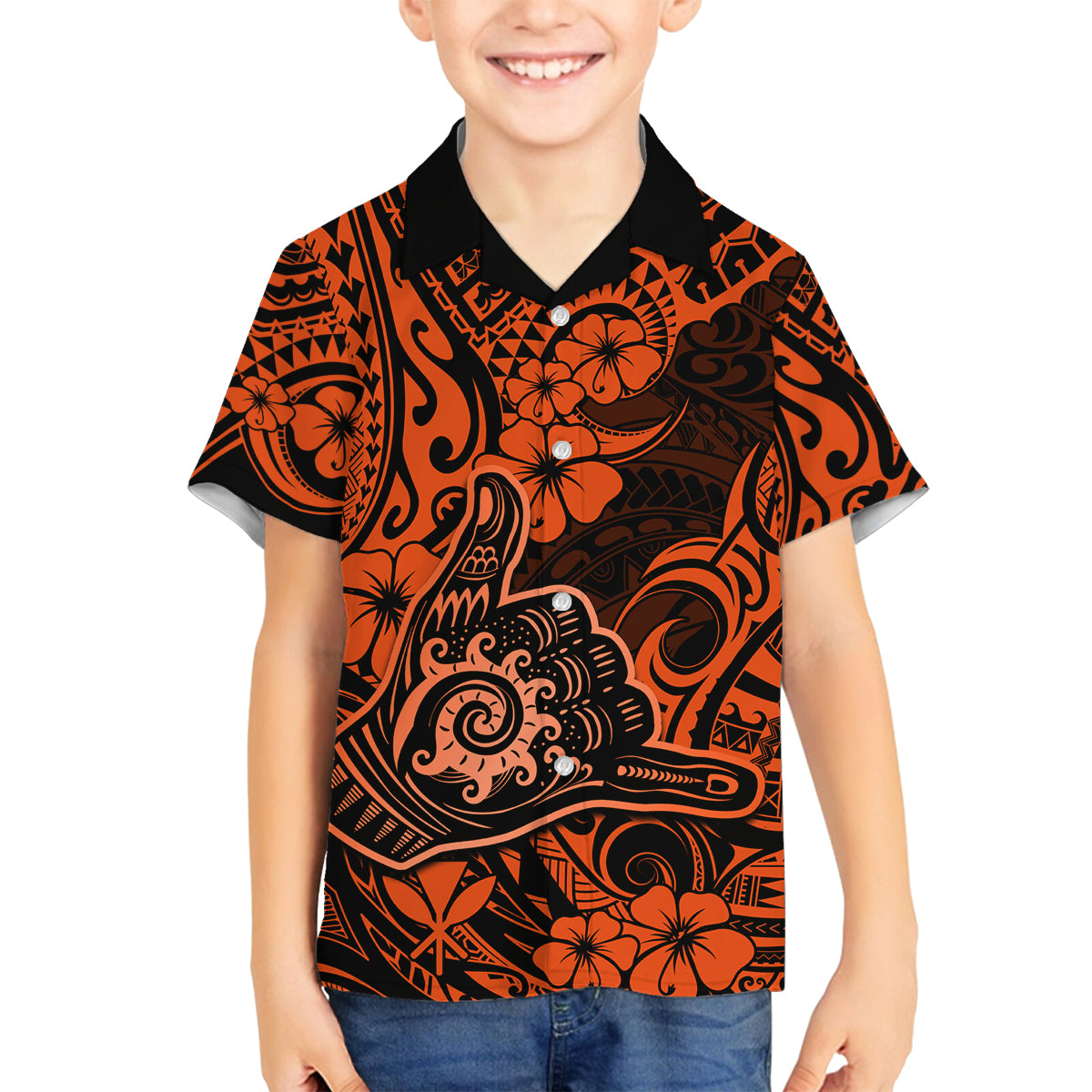 Hawaii Shaka Sign Family Matching Tank Maxi Dress and Hawaiian Shirt With Polynesian Hibiscus Orange Unique LT01 Son's Shirt Orange - Polynesian Pride