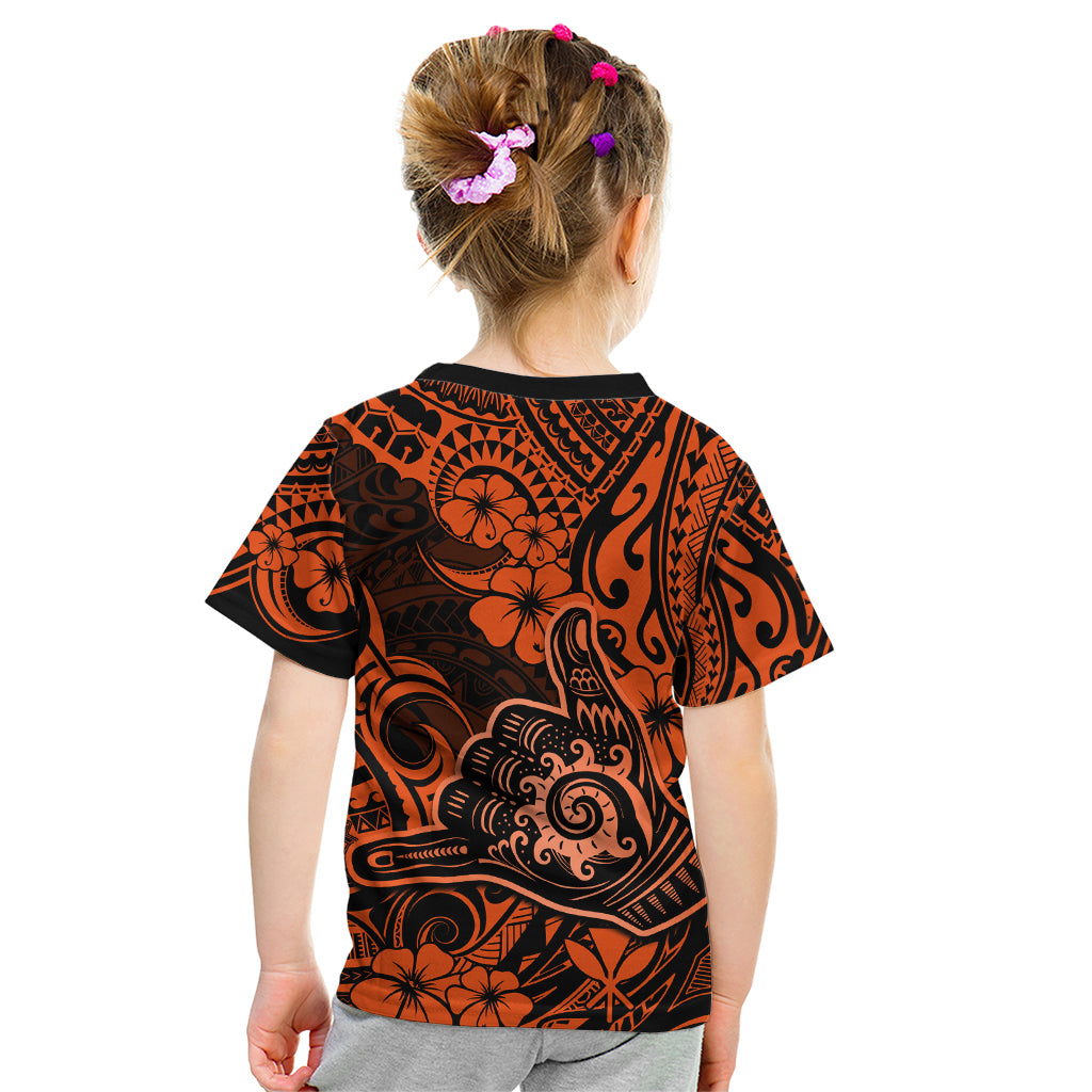 Hawaii Shaka Sign Kid T Shirt With Polynesian Hibiscus Orange Unique LT01 - Polynesian Pride