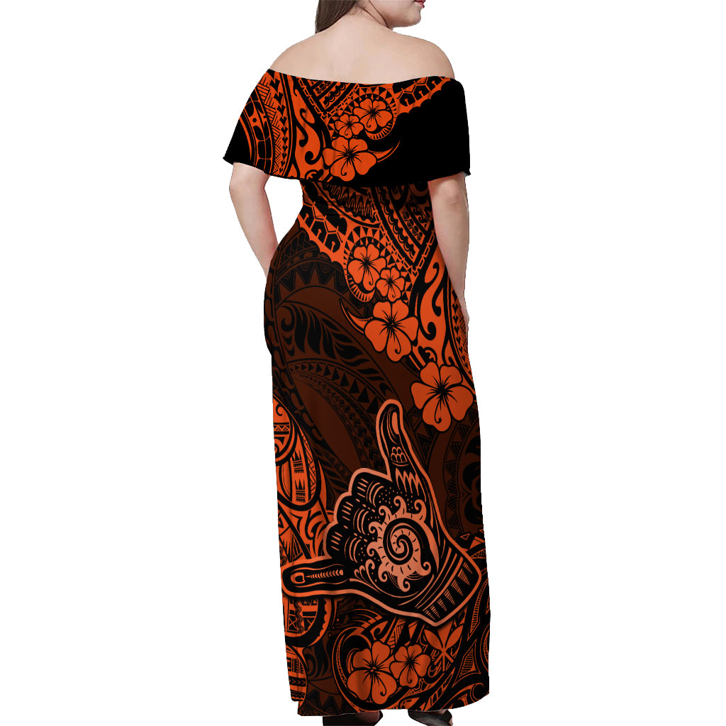 Hawaii Shaka Sign Off Shoulder Maxi Dress With Polynesian Hibiscus Orange Unique LT01 - Polynesian Pride