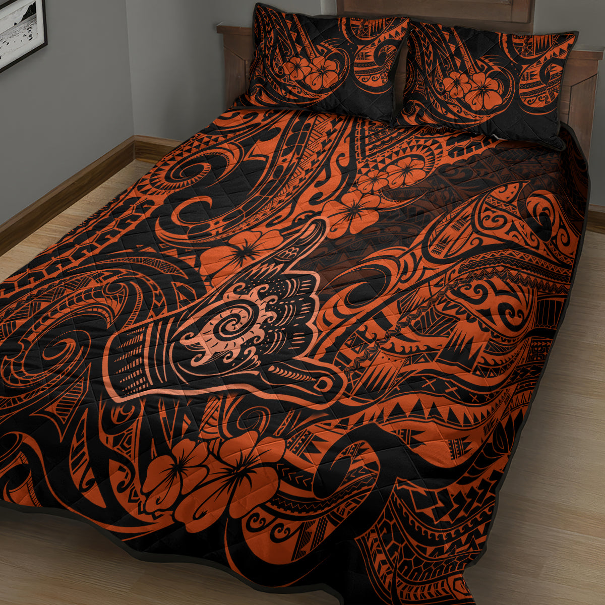 Hawaii Shaka Sign Quilt Bed Set With Polynesian Hibiscus Orange Unique LT01 - Polynesian Pride