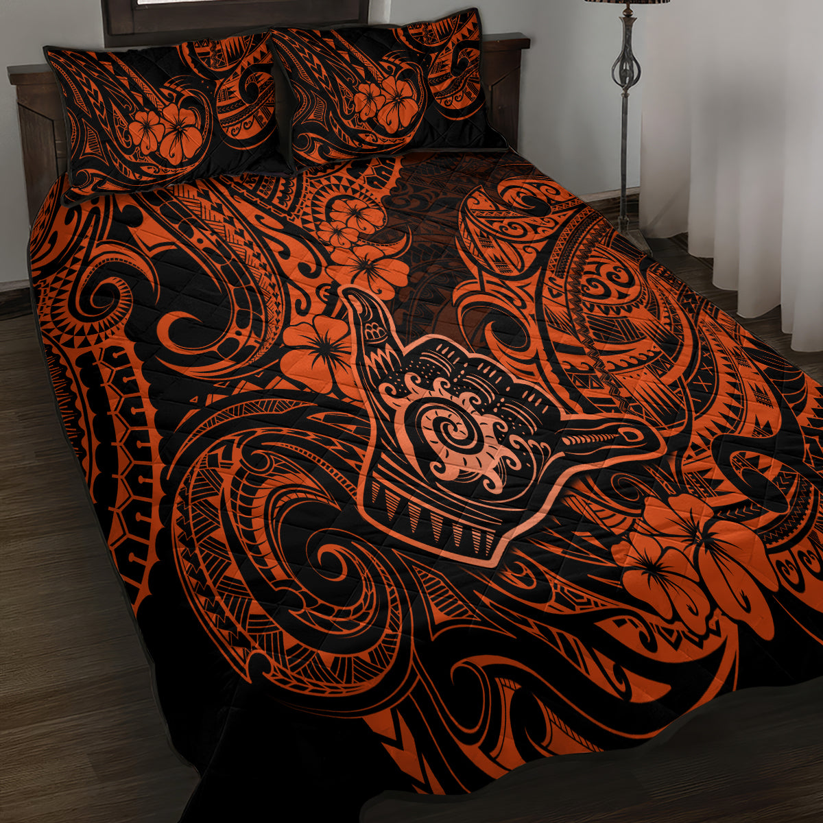 Hawaii Shaka Sign Quilt Bed Set With Polynesian Hibiscus Orange Unique LT01 - Polynesian Pride