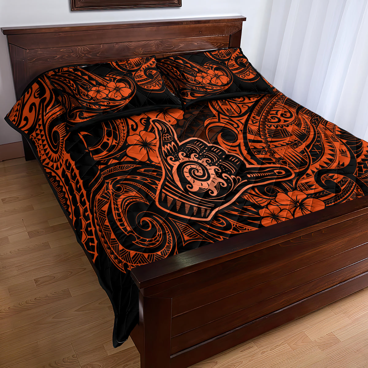Hawaii Shaka Sign Quilt Bed Set With Polynesian Hibiscus Orange Unique LT01 - Polynesian Pride