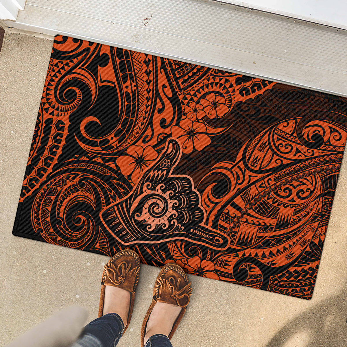 Hawaii Shaka Sign Rubber Doormat With Polynesian Hibiscus Orange Unique LT01 - Polynesian Pride