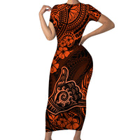 Hawaii Shaka Sign Short Sleeve Bodycon Dress With Polynesian Hibiscus Orange Unique LT01 Long Dress Orange - Polynesian Pride