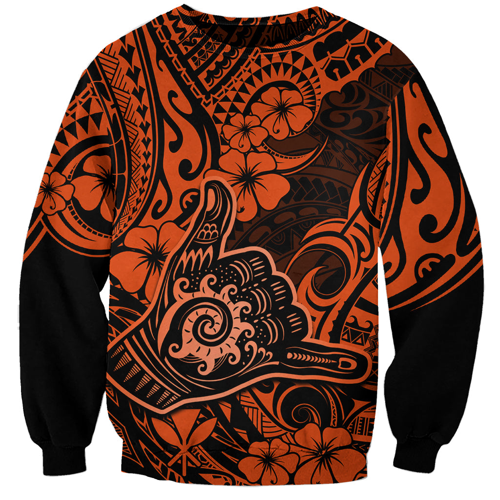Hawaii Shaka Sign Sweatshirt With Polynesian Hibiscus Orange Unique LT01 Unisex Orange - Polynesian Pride