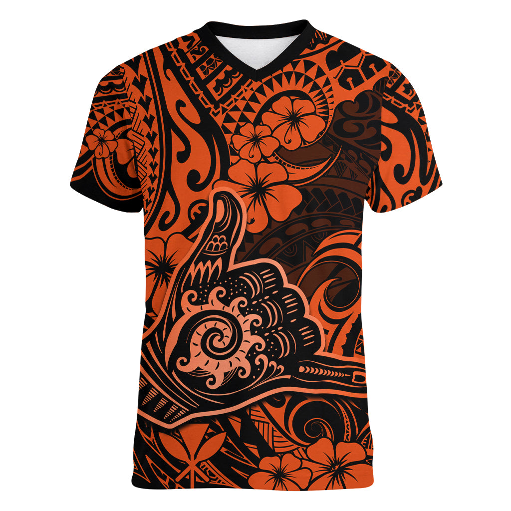Hawaii Shaka Sign Women V Neck T Shirt With Polynesian Hibiscus Orange Unique LT01 Female Orange - Polynesian Pride