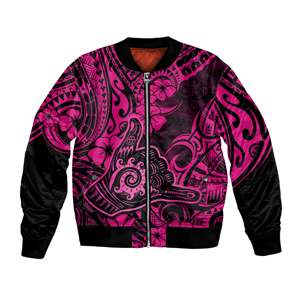 Hawaii Shaka Sign Bomber Jacket With Polynesian Hibiscus Pink Unique LT01 Unisex Pink - Polynesian Pride