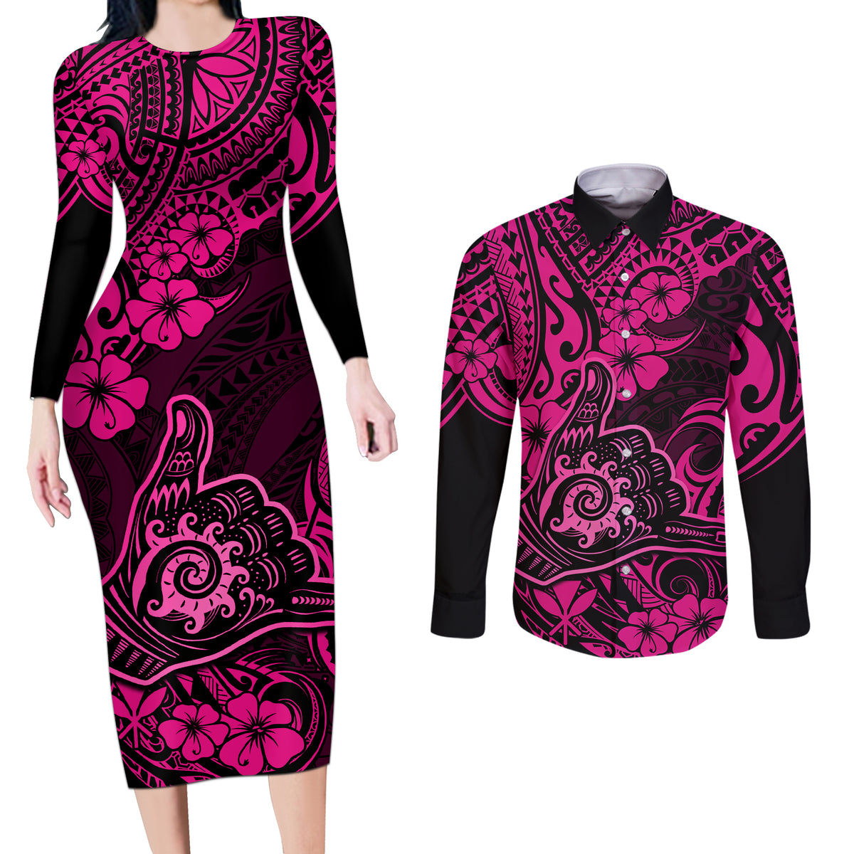 Hawaii Shaka Sign Couples Matching Long Sleeve Bodycon Dress and Long Sleeve Button Shirts With Polynesian Hibiscus Pink Unique LT01 Pink - Polynesian Pride