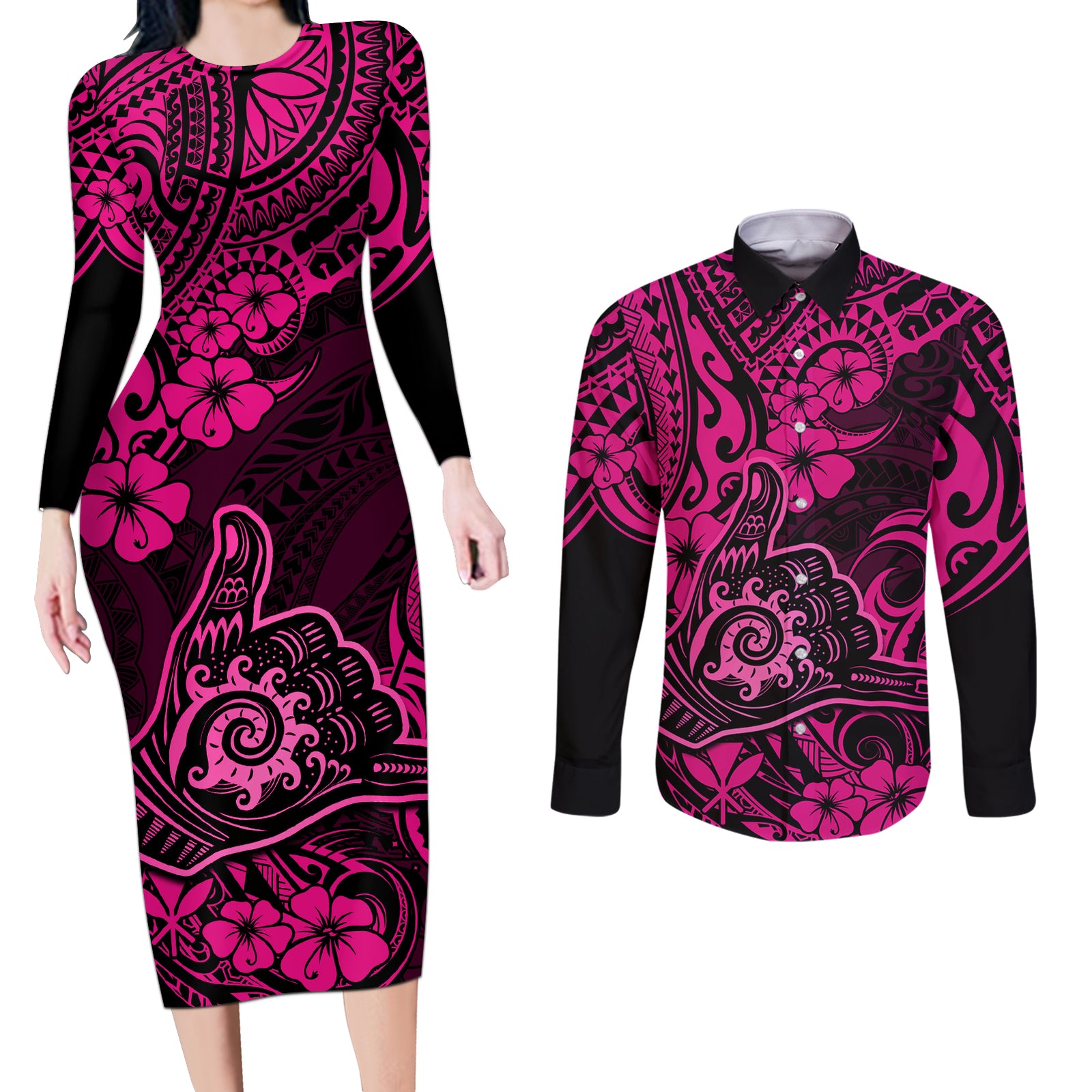 Hawaii Shaka Sign Couples Matching Long Sleeve Bodycon Dress and Long Sleeve Button Shirts With Polynesian Hibiscus Pink Unique LT01 Pink - Polynesian Pride