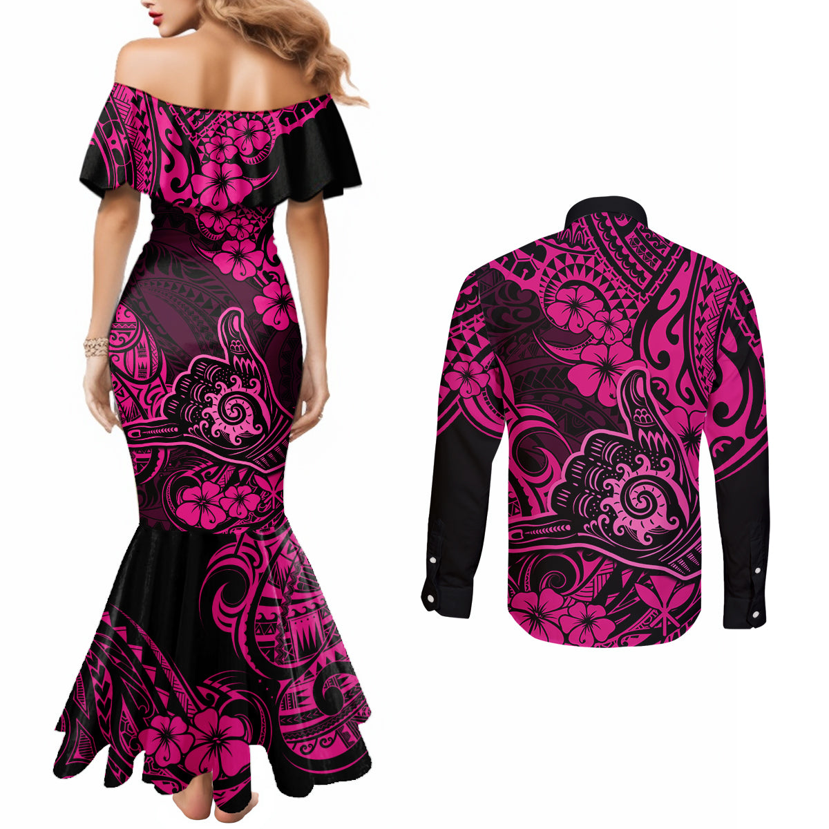 Hawaii Shaka Sign Couples Matching Mermaid Dress and Long Sleeve Button Shirts With Polynesian Hibiscus Pink Unique LT01 - Polynesian Pride