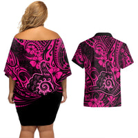 Hawaii Shaka Sign Couples Matching Off Shoulder Short Dress and Hawaiian Shirt With Polynesian Hibiscus Pink Unique LT01 - Polynesian Pride