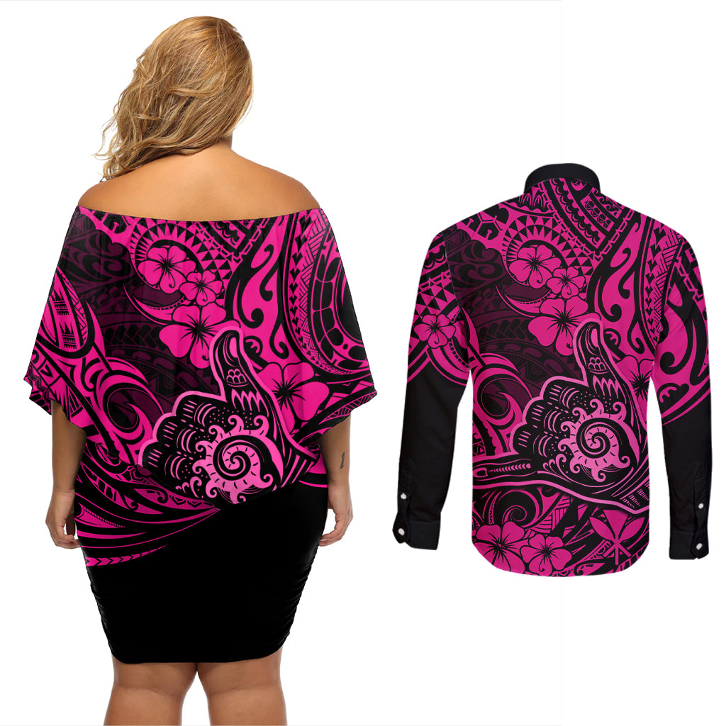 Hawaii Shaka Sign Couples Matching Off Shoulder Short Dress and Long Sleeve Button Shirts With Polynesian Hibiscus Pink Unique LT01 - Polynesian Pride