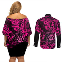 Hawaii Shaka Sign Couples Matching Off Shoulder Short Dress and Long Sleeve Button Shirts With Polynesian Hibiscus Pink Unique LT01 - Polynesian Pride