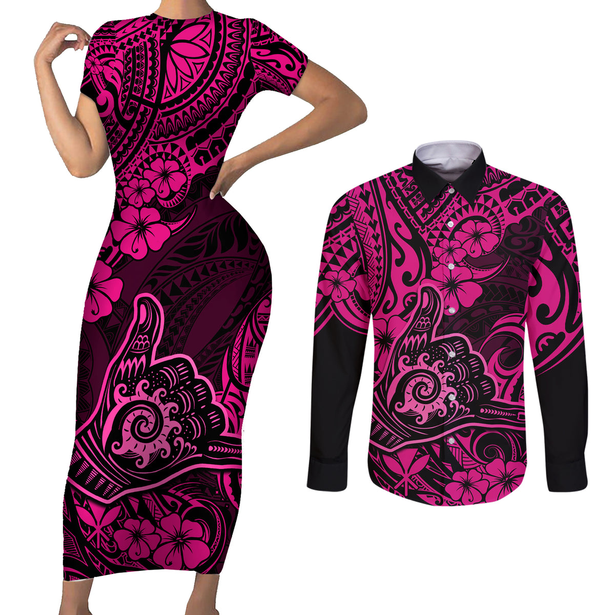 Hawaii Shaka Sign Couples Matching Short Sleeve Bodycon Dress and Long Sleeve Button Shirts With Polynesian Hibiscus Pink Unique LT01 Pink - Polynesian Pride