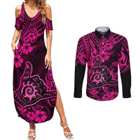 Hawaii Shaka Sign Couples Matching Summer Maxi Dress and Long Sleeve Button Shirts With Polynesian Hibiscus Pink Unique LT01 Pink - Polynesian Pride