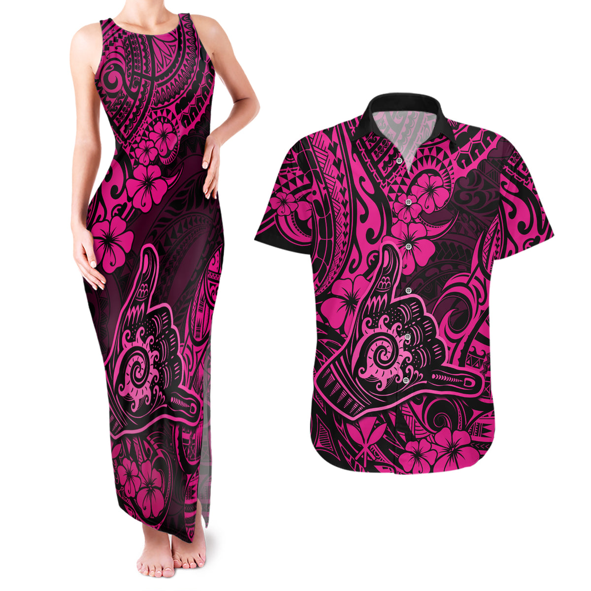 Hawaii Shaka Sign Couples Matching Tank Maxi Dress and Hawaiian Shirt With Polynesian Hibiscus Pink Unique LT01 Pink - Polynesian Pride