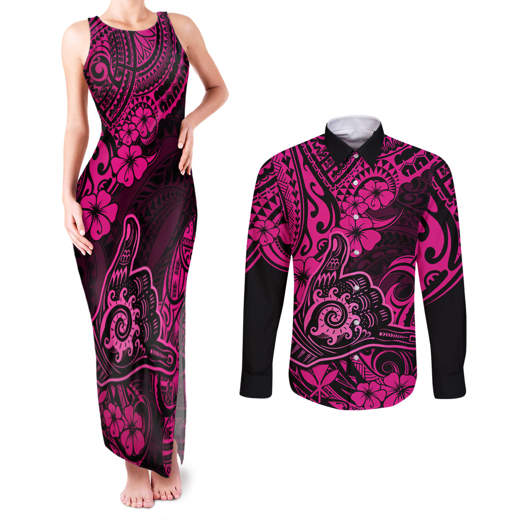 Hawaii Shaka Sign Couples Matching Tank Maxi Dress and Long Sleeve Button Shirts With Polynesian Hibiscus Pink Unique LT01 Pink - Polynesian Pride