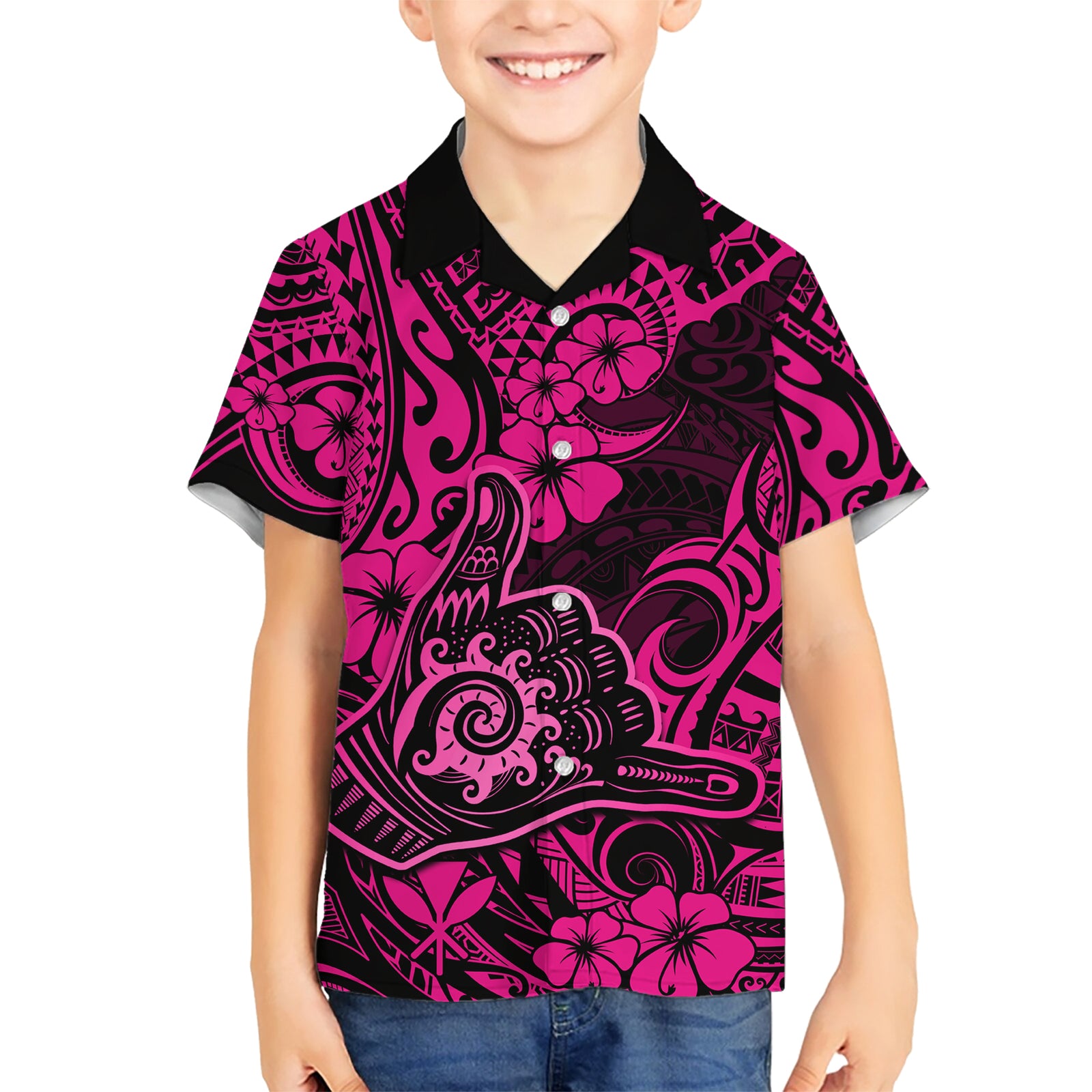 Hawaii Shaka Sign Kid Hawaiian Shirt With Polynesian Hibiscus Pink Unique LT01 Kid Pink - Polynesian Pride