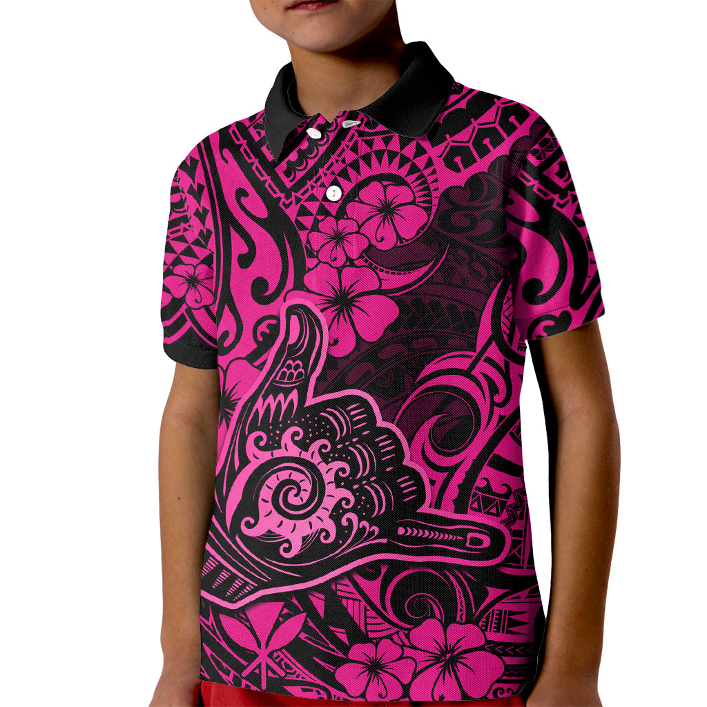 Hawaii Shaka Sign Kid Polo Shirt With Polynesian Hibiscus Pink Unique LT01 Kid Pink - Polynesian Pride