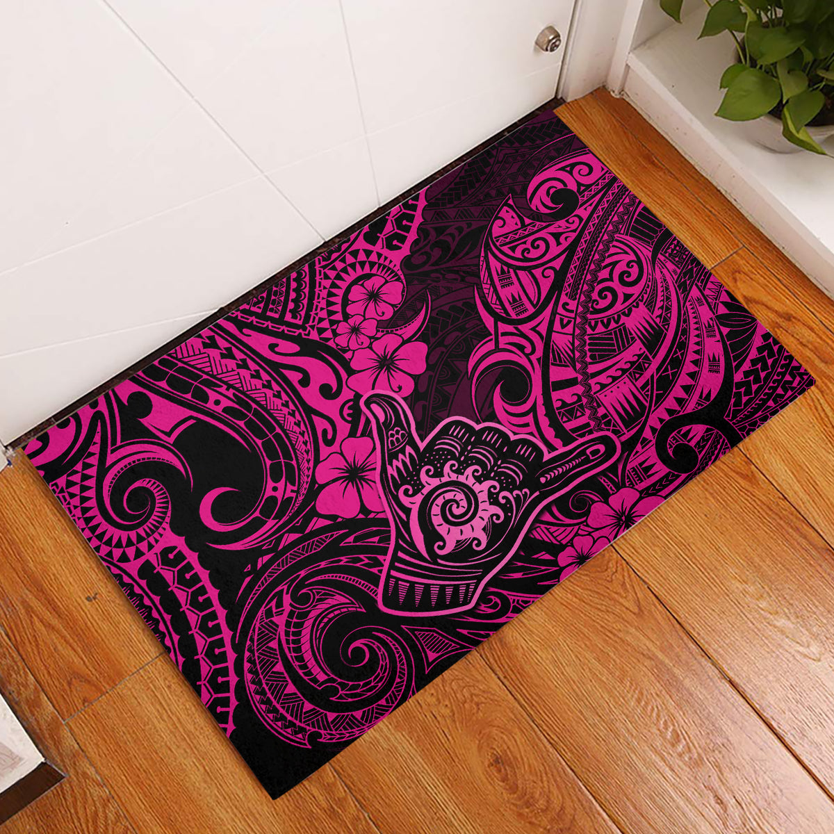 Hawaii Shaka Sign Rubber Doormat With Polynesian Hibiscus Pink Unique LT01 Pink - Polynesian Pride