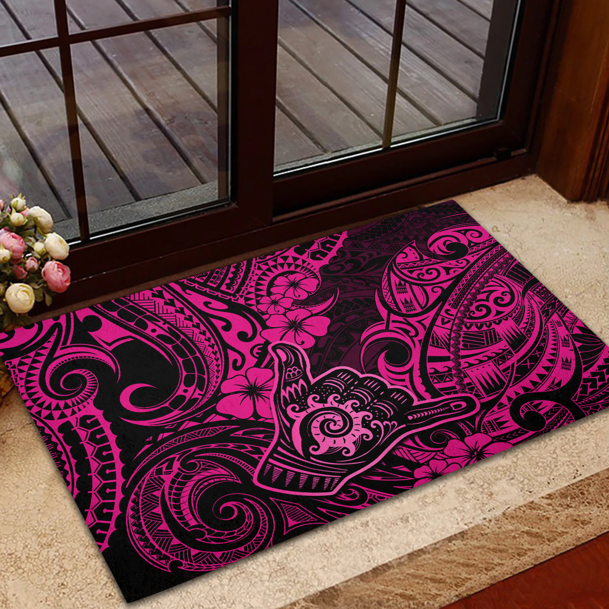 Hawaii Shaka Sign Rubber Doormat With Polynesian Hibiscus Pink Unique LT01 - Polynesian Pride