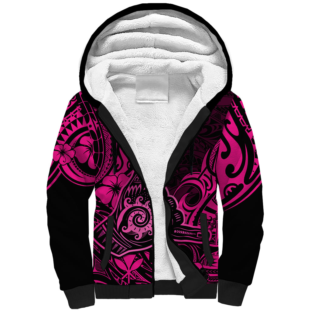 Hawaii Shaka Sign Sherpa Hoodie With Polynesian Hibiscus Pink Unique LT01 Unisex Pink - Polynesian Pride
